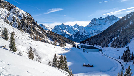 A wide snow covered alpine valley with a frozen lake and distant snow capped mountains under a blue sky.の素材