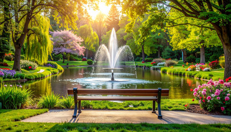 A wooden bench overlooks a pond with a fountain, bathed in warm sunlight amidst blooming flowers and trees.の素材