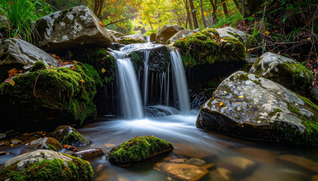 A small waterfall tumbles over moss-covered rocks in a forest with autumn leaves. Clear details and vibrant colors en...の素材