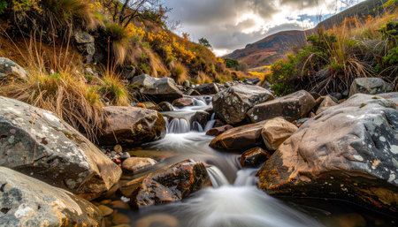 A rocky mountain stream with golden autumn foliage flows under a dramatic cloudy sky, captured with motion blur.の素材