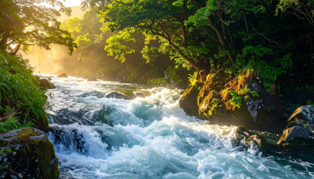 Sunlit river with white water rapids flows through a lush green forest, with golden light filtering through the trees.の素材
