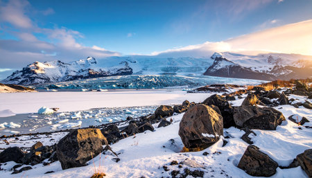 Snow-dusted rocks and icebergs dot a frozen landscape under a sunset sky with mountains.の素材