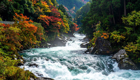 Turquoise river rapids rush through a forested gorge adorned with vibrant red and yellow autumn foliage.の素材