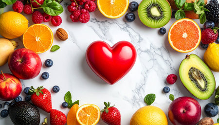 Fresh showing vibrant assortment of fresh fruits and a red heart shape on marble surface keywords: fruit, healthy...の素材