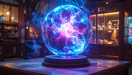A plasma orb with blue electric arcs and smoke is set in a vintage room with display cabinets.の素材