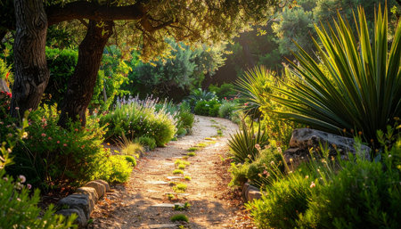 A sunlit garden path with stepping stones is bordered by lush greenery and spiky yucca plants.の素材