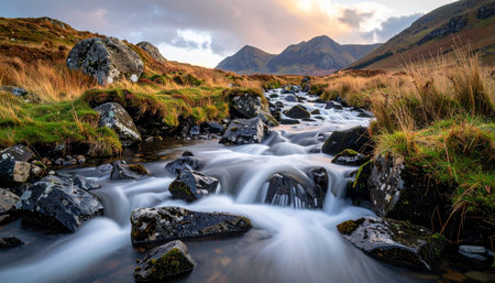A fast-flowing stream cascades over mossy rocks in the Scottish Highlands with mountains in the background.の素材