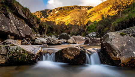 A rocky stream with small waterfalls and golden sunlight illuminating distant hills.の素材