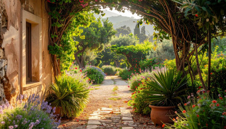 A stone garden path leads through a green archway past a stone wall and blooming flowers.の素材