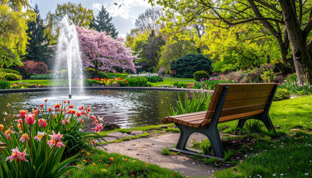 A tranquil park scene with a fountain in a pond, surrounded by blooming flowers and trees.の素材