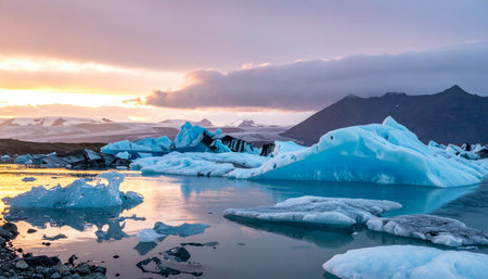 Soft sunset colors paint the sky and reflect on the water surrounding blue icebergs in a peaceful glacier lagoon.の素材