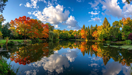 A beautiful autumn lake with fiery red trees and white clouds reflected in its calm, blue water.の素材