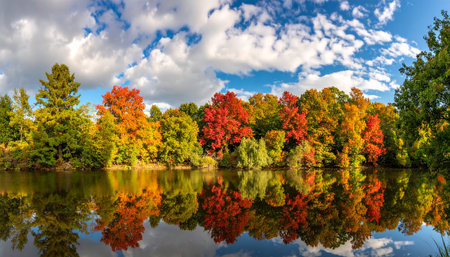 A panoramic view of a vibrant autumn forest with red, orange, and yellow trees reflected in a calm lake under a blue...の素材