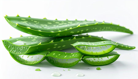Stacked slices of aloe vera plant showing clear gel and water droplets on a white surface.の素材