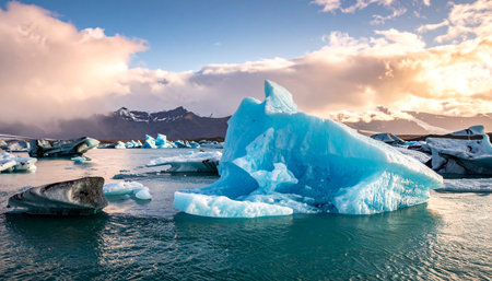 A striking blue iceberg floats in a turquoise glacial lagoon under a sky with dramatic, sunlit clouds.の素材