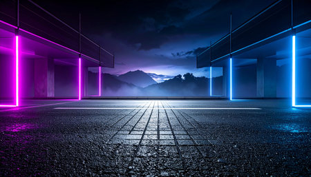A wet asphalt surface with tiled markings is framed by concrete structures and neon lights, with mountains in the...の素材