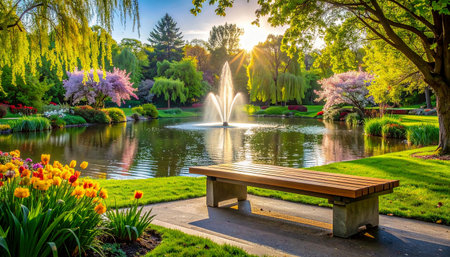 A wooden bench faces a pond with a fountain, surrounded by blooming flowers and lush trees in warm sunlight.の素材