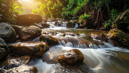 Sunbeams pierce the canopy of a lush tropical jungle illuminating a flowing stream over moss-covered rocks.の素材