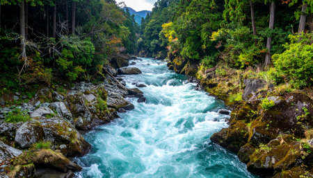 A vibrant turquoise river with white rapids flows through a dense green forest with moss-covered rocks.の素材