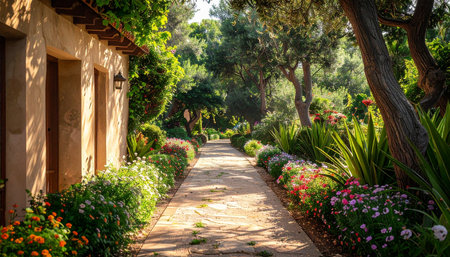A stone pathway leads through a Mediterranean garden with a building, colorful flowering bushes, and tall green plants.の素材