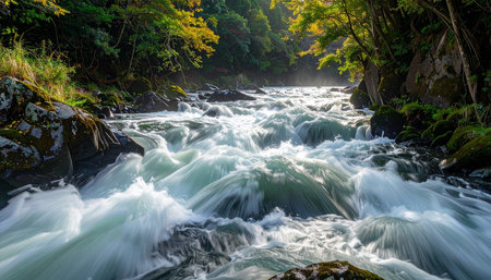 Sunbeams illuminate smooth, silky river rapids flowing through a green and yellow forested landscape.の素材