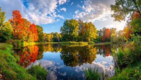 A calm lake mirrors the vibrant red, yellow, and green autumn trees and fluffy white clouds in the sky.の素材