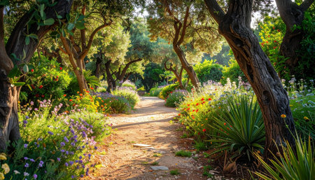 A winding stone path leads through a garden of olive trees and abundant wildflowers, bathed in warm sunlight.の素材