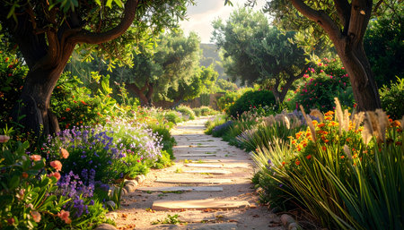 A stone stepping stone path leads through a vibrant garden with lavender and orange flowers.の素材