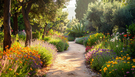 A sun-drenched garden path curves through a landscape of colorful blooming flowers and mature green trees.の素材