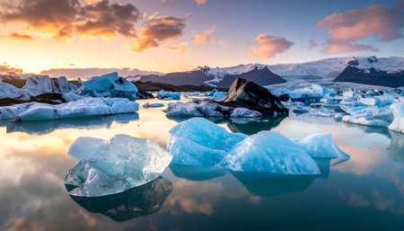 Icebergs of various sizes float in calm water reflecting the dramatic colors of the sunset sky.の素材