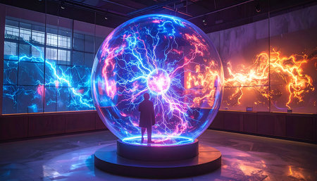 A person stands silhouetted before a giant plasma sphere with electric displays of blue and orange light.の素材