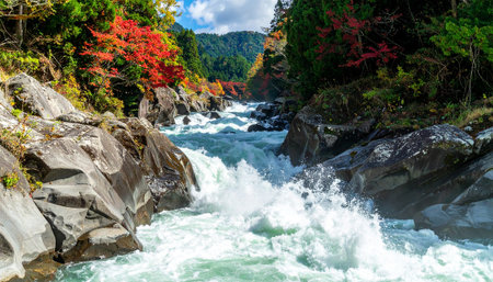 A vibrant river with white water rapids flows through a rocky landscape adorned with colorful autumn trees under a...の素材