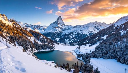 The iconic Matterhorn mountain in a winter landscape with a lake and colorful sunset sky.の素材