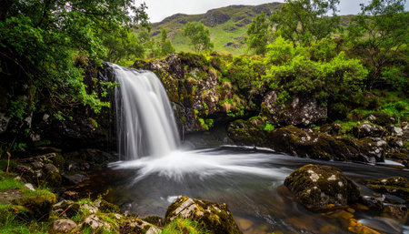 A tranquil waterfall tumbles into a pool surrounded by lush green vegetation and rocks in Scotland.の素材