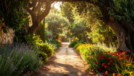 A sun-drenched garden path winds through lush greenery and vibrant blooming flowers under a leafy archway.の素材