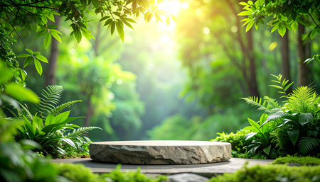 A natural stone stage is in a bright forest clearing with sunbeams and abundant green moss and ferns.の素材