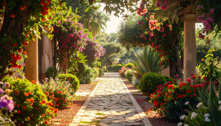 A stone pathway leads through a vibrant garden overflowing with pink and red flowers, under trees forming natural...の素材