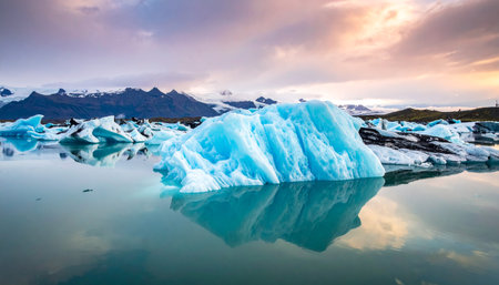 A large blue iceberg is reflected in calm water during sunset, with mountains in the background.の素材