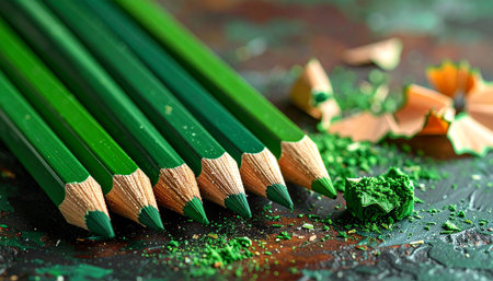 Several green colored pencils are lined up with wood shavings and a green eraser. Clear details and vibrant colors en...の素材