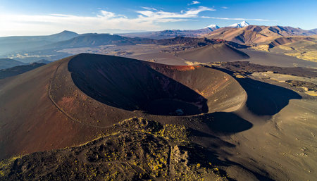 An aerial view of a dark volcanic cone and the surrounding arid landscape with distant snow-capped mountains.の素材