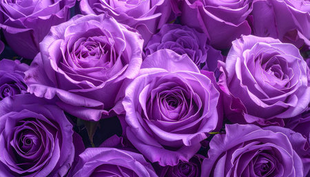 A dense arrangement of vibrant purple roses showcasing their intricate petal details and rich color.の素材