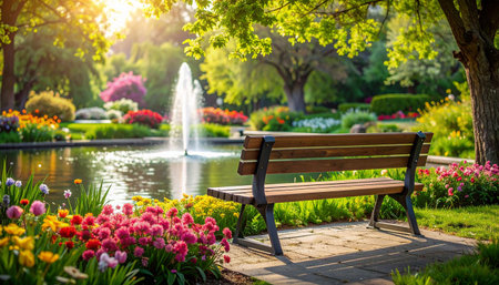 A wooden park bench faces a pond with a fountain, bordered by vibrant spring flowers and lush green foliage.の素材