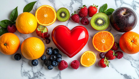 Blackberry showing assortment of fresh fruits and red heart shape on marble surface keywords: fruit, healthy eating,...の素材