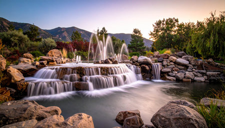 A multi-tiered waterfall with fountains flows over rocks in a lush garden with mountains in the distance.の素材