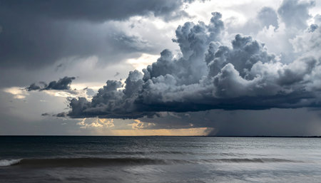 A dramatic thunderstorm approaches over a dark ocean, with massive, textured clouds dominating the sky.の素材