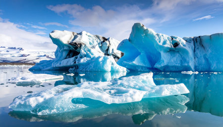 Bright blue and white icebergs are reflected in turquoise water under a clear blue sky with scattered clouds.の素材
