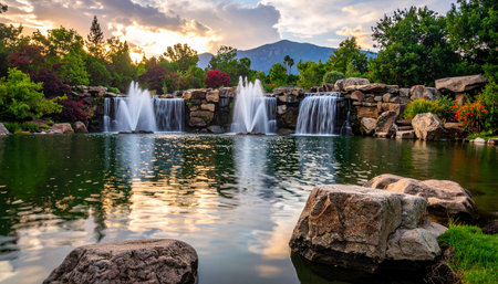 A park lake features a man-made waterfall with water jets, surrounded by rocks and lush greenery, reflecting the sky.の素材