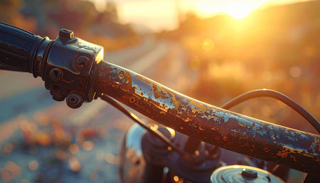 Bright sunset light glints off a rusty vintage motorcycle handlebar with peeling paint.の素材