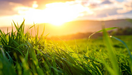 Close up of dewy green grass blades glistening in the bright morning sunlight, with a blurred background.の素材