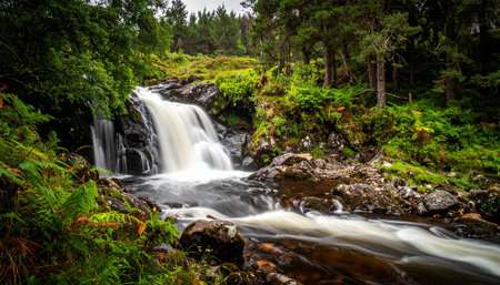 A beautiful waterfall cascades over dark rocks in a dense green forest, with smooth, flowing water in the river.の素材